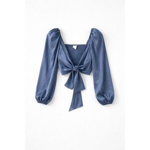 Mable Blue Satin Tie Front Crop Top Long Sleeve Puff Sleeve Back Tie Y2K Size S